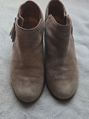 Vionic Taupe Suede Ankle Booties with Side Tassel